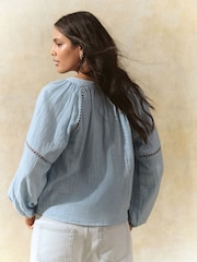 Light Blue Button Down Long Sleeve Doublecloth Blouse - Image 5 of 9