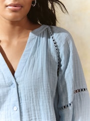Light Blue Button Down Long Sleeve Doublecloth Blouse - Image 6 of 9