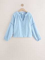 Light Blue Button Down Long Sleeve Doublecloth Blouse - Image 7 of 9