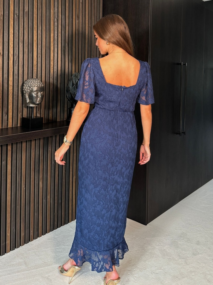 Girl In Mind Navy Burnout Heidi Ruched Midi Dress - Image 3 of 4