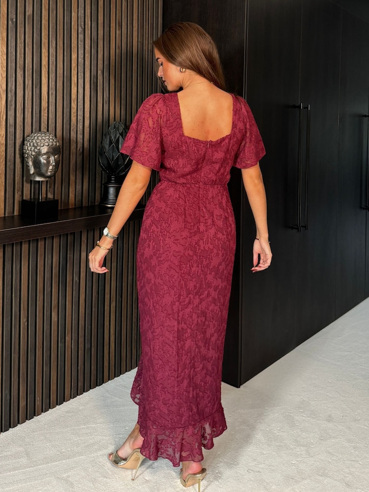 Girl In Mind Burgundy Burnout Heidi Ruched Midi Dress - Image 3 of 4