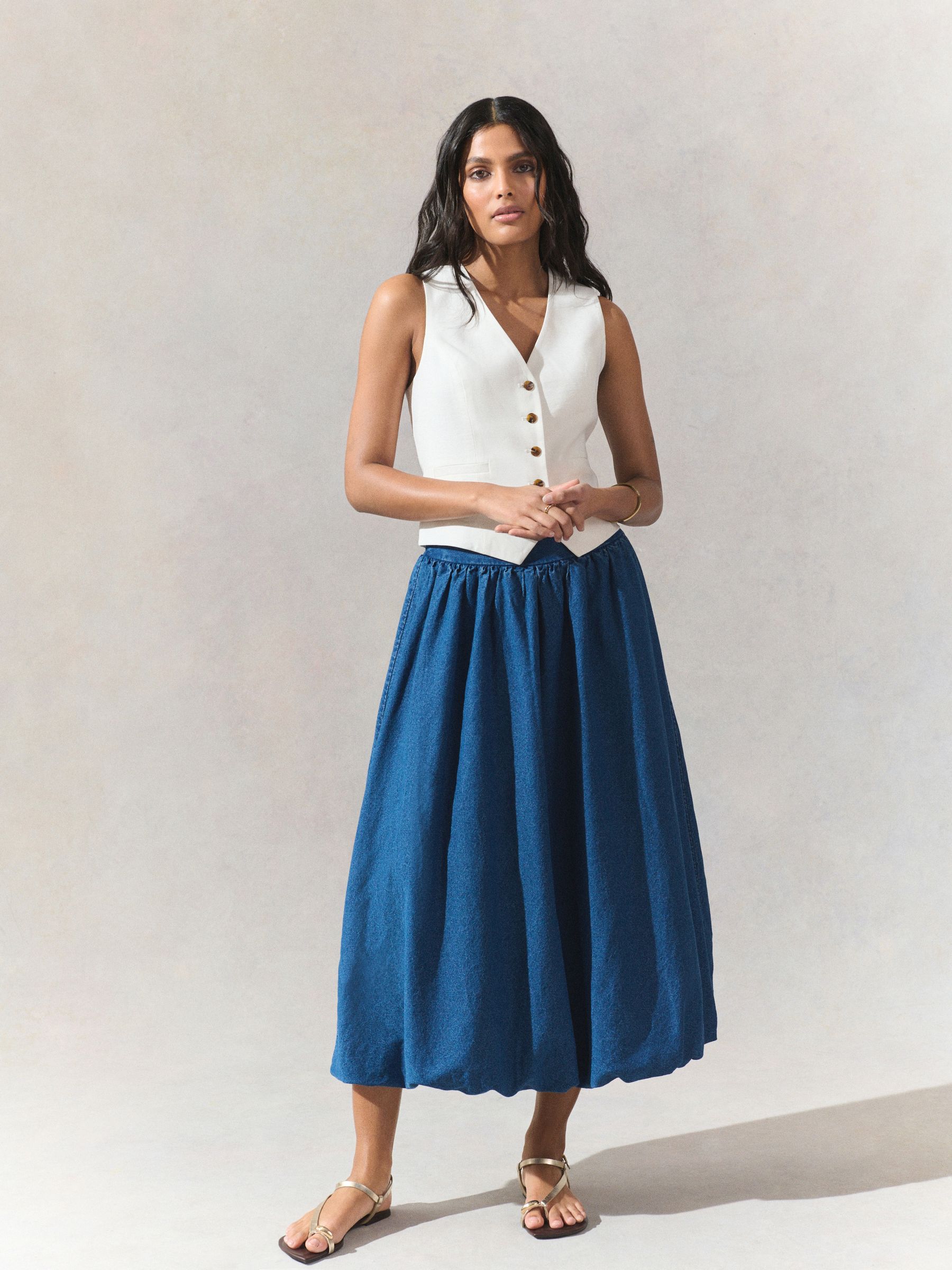 Mid Blue Puffball Midi Denim Skirt