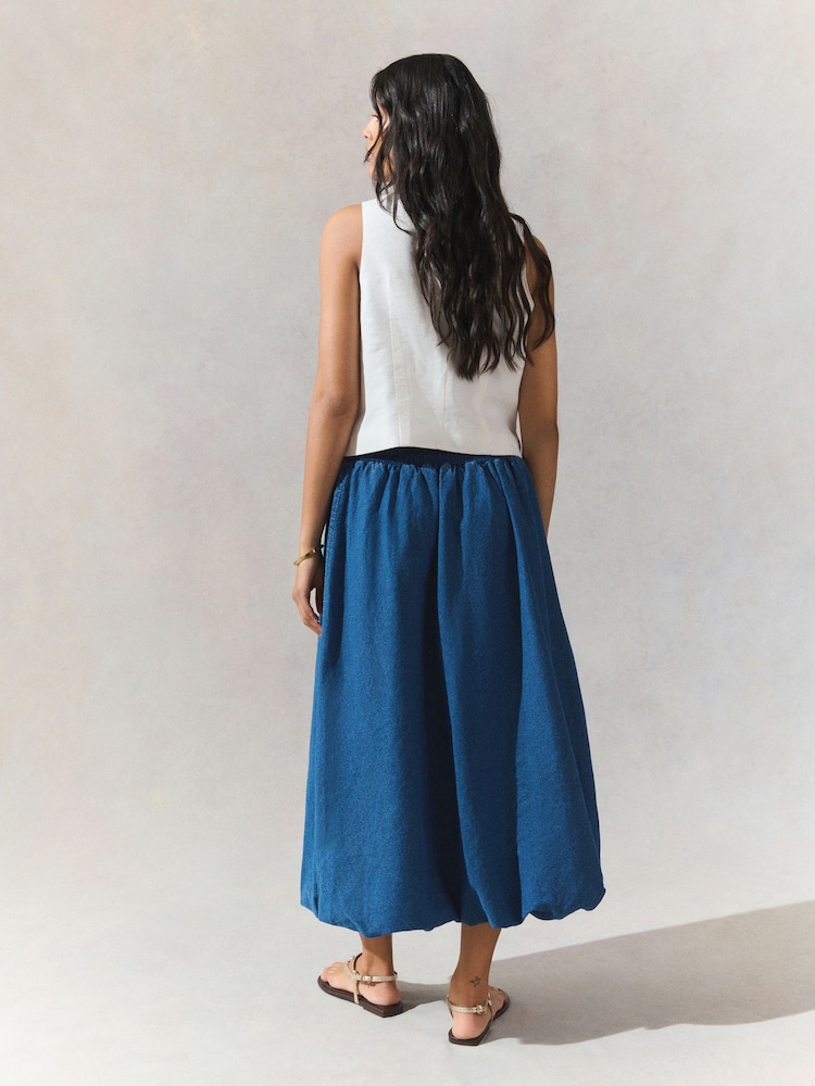 Mid Blue Puffball Midi Denim Skirt - Image 2 of 8