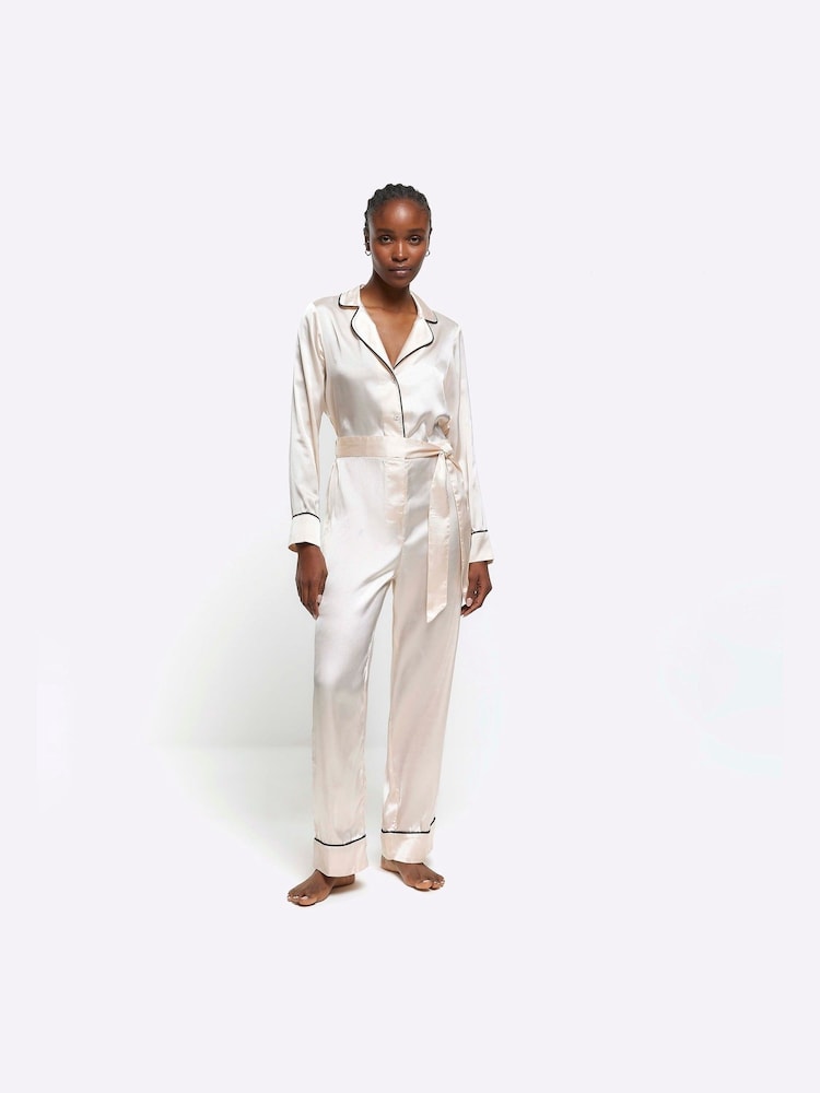 River Island Pink Satin Pyjamas Jumpsuit - Image 1 of 4