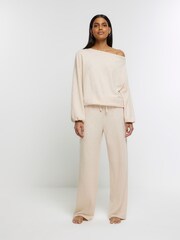River Island Brown Beige Diamante Wide Leg Cosy Trousers - Image 1 of 4