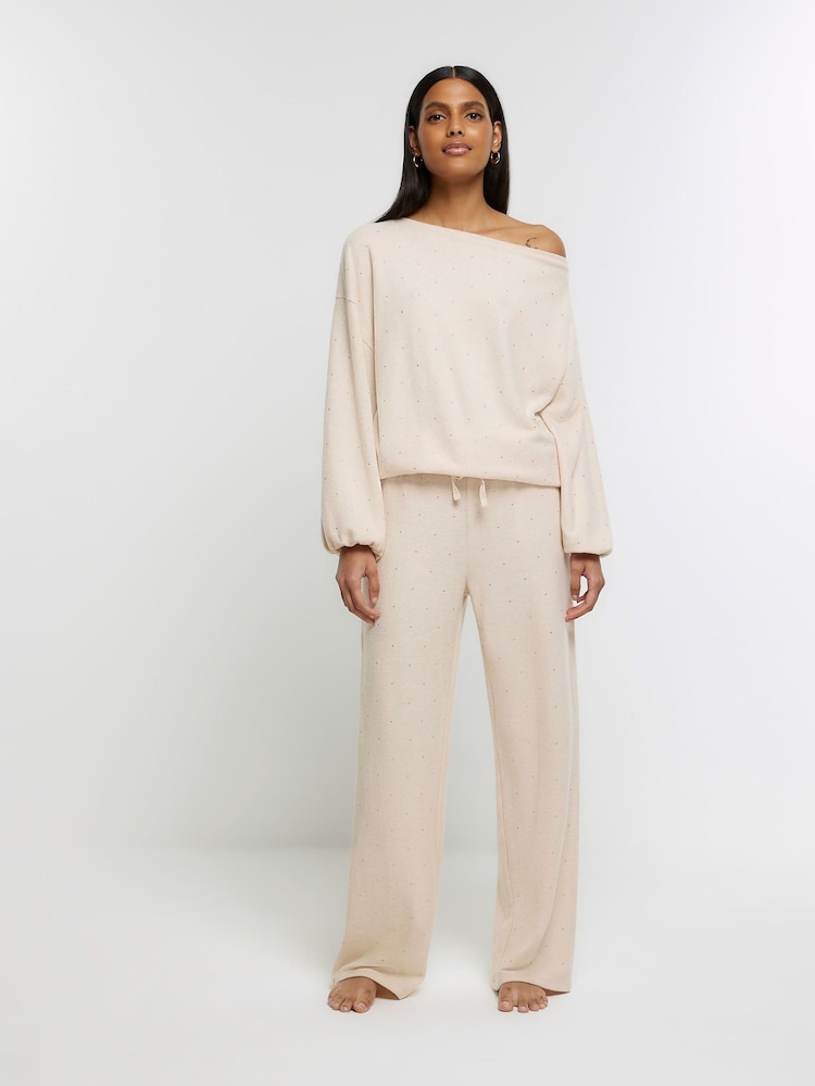 River Island Brown Beige Diamante Wide Leg Cosy Trousers - Image 1 of 4