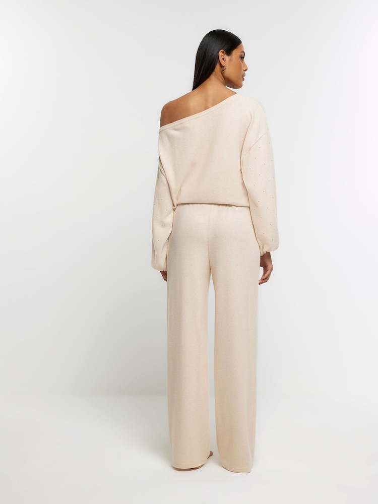 River Island Brown Beige Diamante Wide Leg Cosy Trousers - Image 2 of 4 River Island Brown Beige Diamante Wide Leg Cosy Trousers - Image 2 of 4