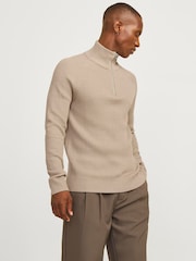 JACK & JONES Natural Quarter Zip Ribbed Knitted Jumper - Image 1 of 4