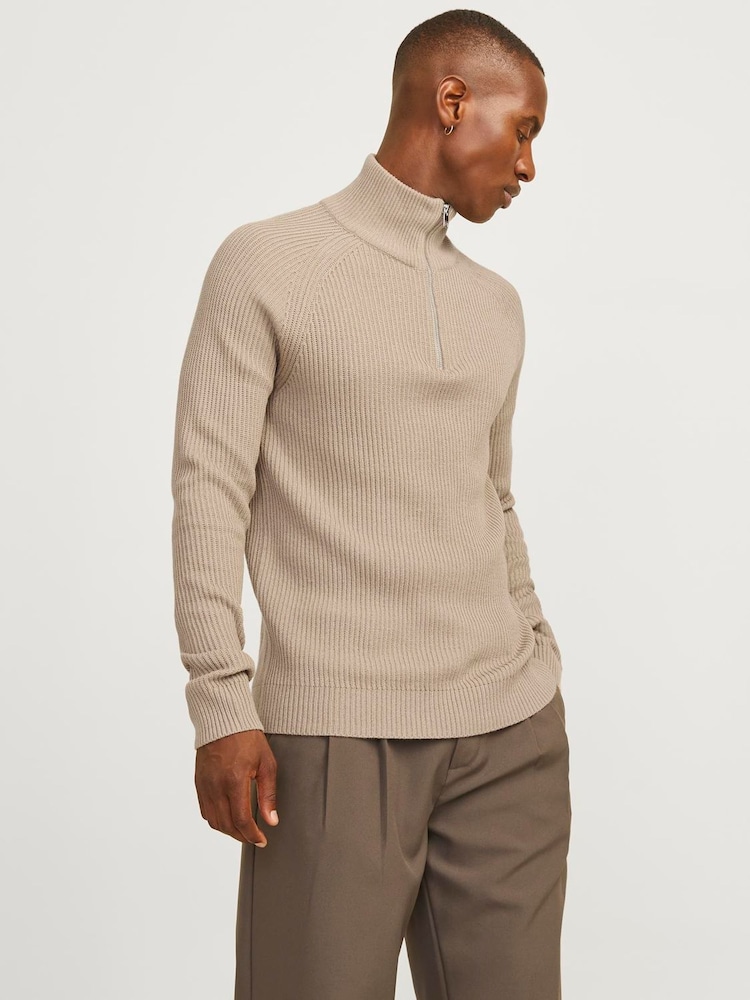 JACK & JONES Natural Quarter Zip Ribbed Knitted Jumper - Image 1 of 4