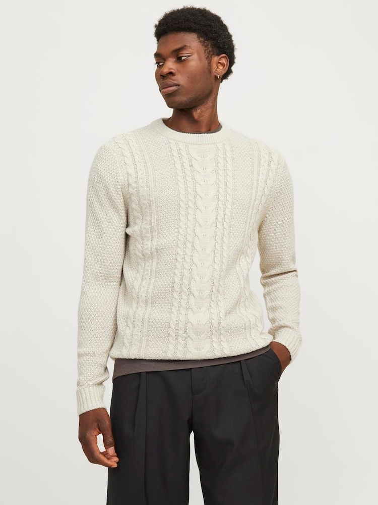 JACK & JONES White Cable Knit Crew Neck Jumper - Image 1 of 5