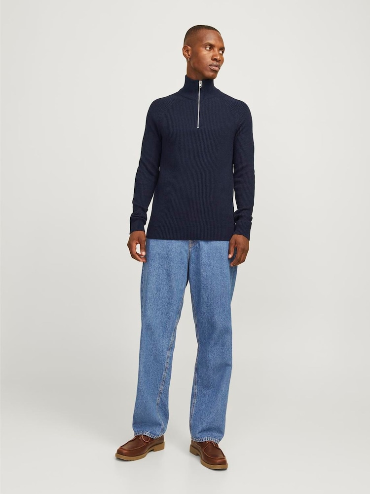 JACK & JONES Blue Quarter Zip Ribbed Knitted Jumper - Image 1 of 4