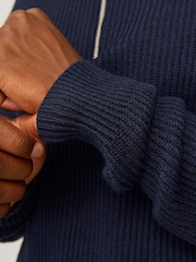 JACK & JONES Blue Quarter Zip Ribbed Knitted Jumper - Image 2 of 4