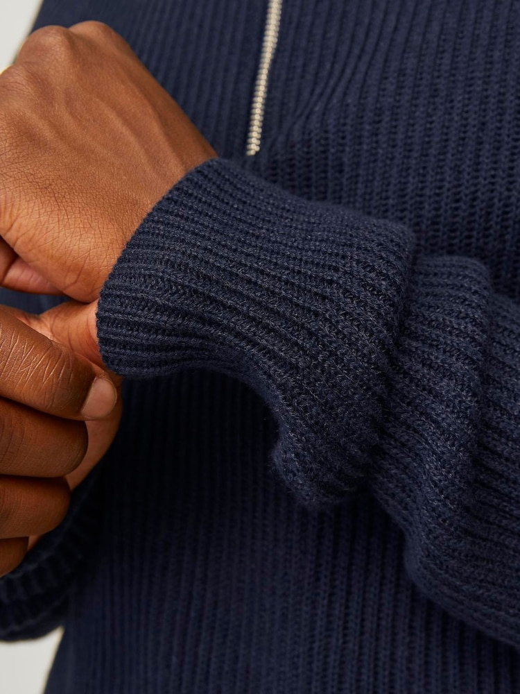 JACK & JONES Blue Quarter Zip Ribbed Knitted Jumper - Image 2 of 4