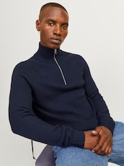 JACK & JONES Blue Quarter Zip Ribbed Knitted Jumper - Image 4 of 4