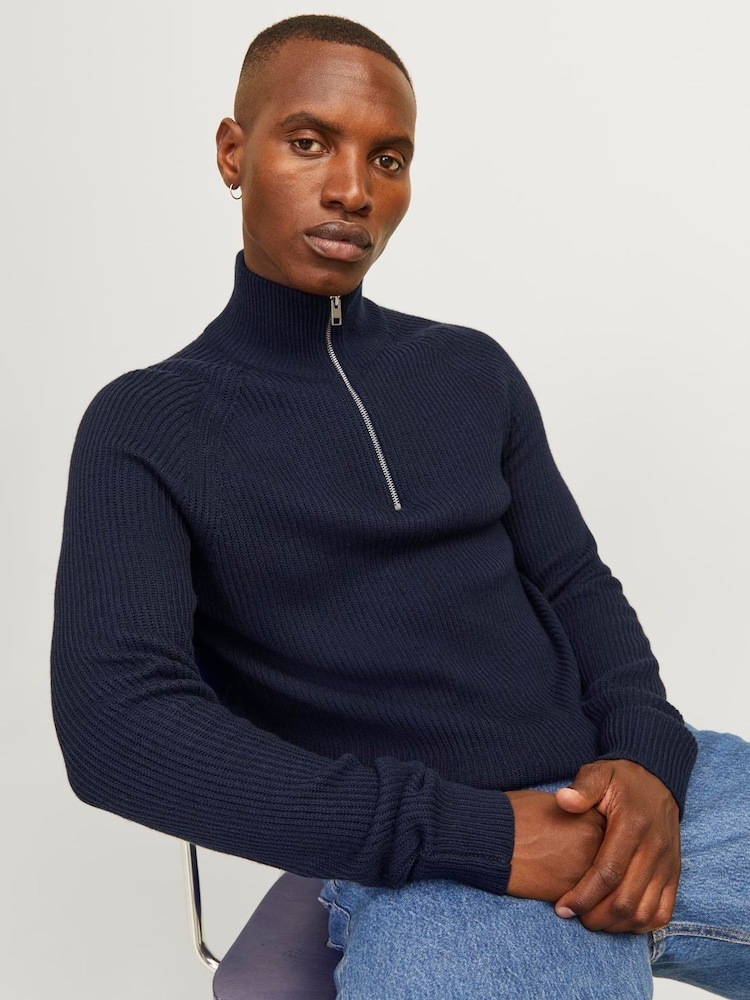 JACK & JONES Blue Quarter Zip Ribbed Knitted Jumper - Image 4 of 4