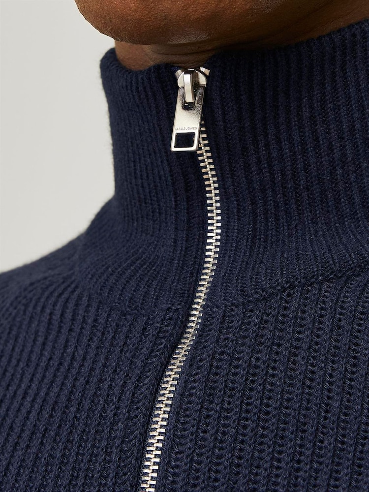 JACK & JONES Blue Quarter Zip Ribbed Knitted Jumper - Image 5 of 5 JACK & JONES Blue Quarter Zip Ribbed Knitted Jumper - Image 5 of 5