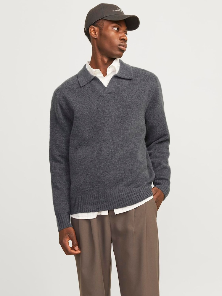 JACK & JONES Grey Long Sleeve Polo Knitted Jumper - Image 1 of 5