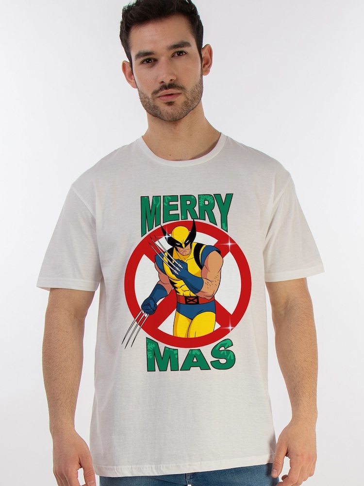Brands In White Mens Marvel X-Men Merry Christmas 100% Cotton T-Shirt - Image 1 of 4