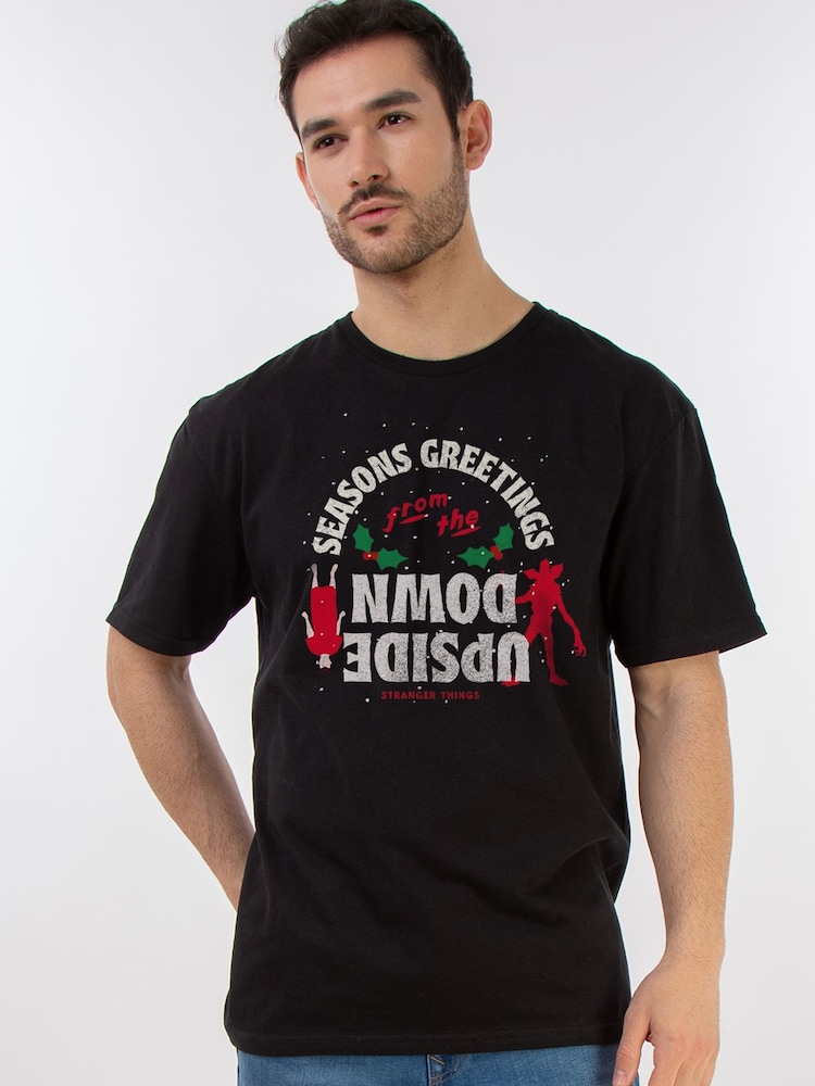 Brands In Black 100% Cotton Netflix Stranger Things Upside Down Christmas Mens T-Shirt - Image 1 of 4