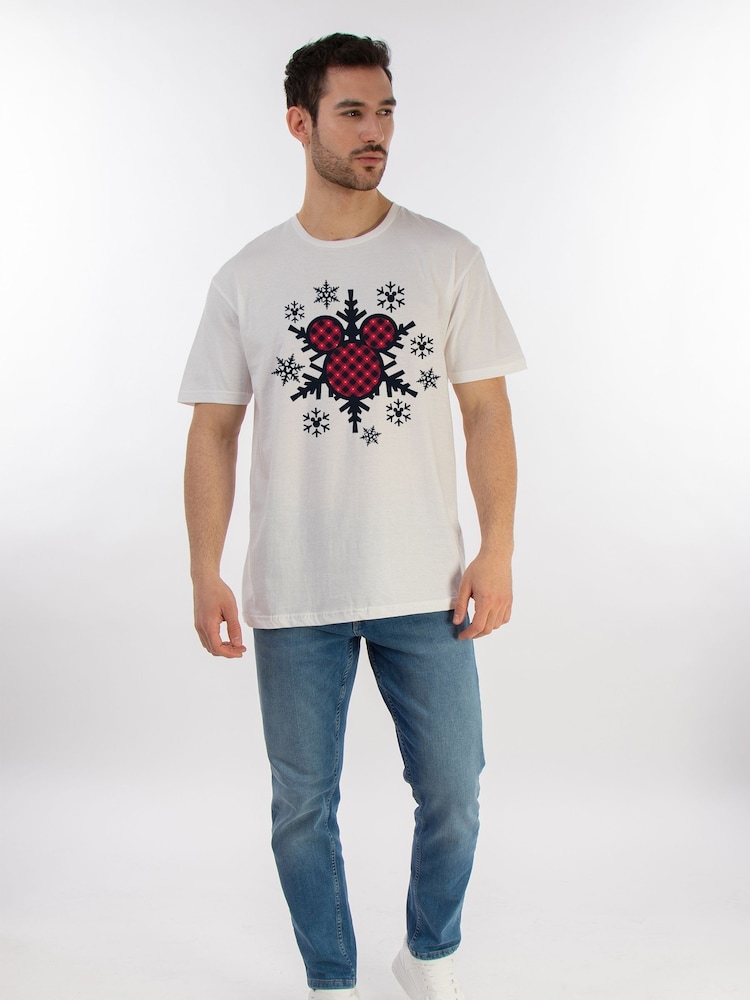 Brands In White Mens Christmas Disney Mickey Mouse Gingham Snowflake 100% Cotton T-Shirt - Image 2 of 4