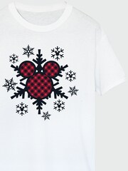 Brands In White Mens Christmas Disney Mickey Mouse Gingham Snowflake 100% Cotton T-Shirt - Image 4 of 4