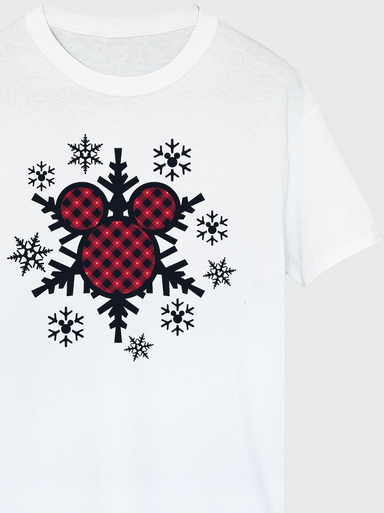 Brands In White Mens Christmas Disney Mickey Mouse Gingham Snowflake 100% Cotton T-Shirt - Image 4 of 4