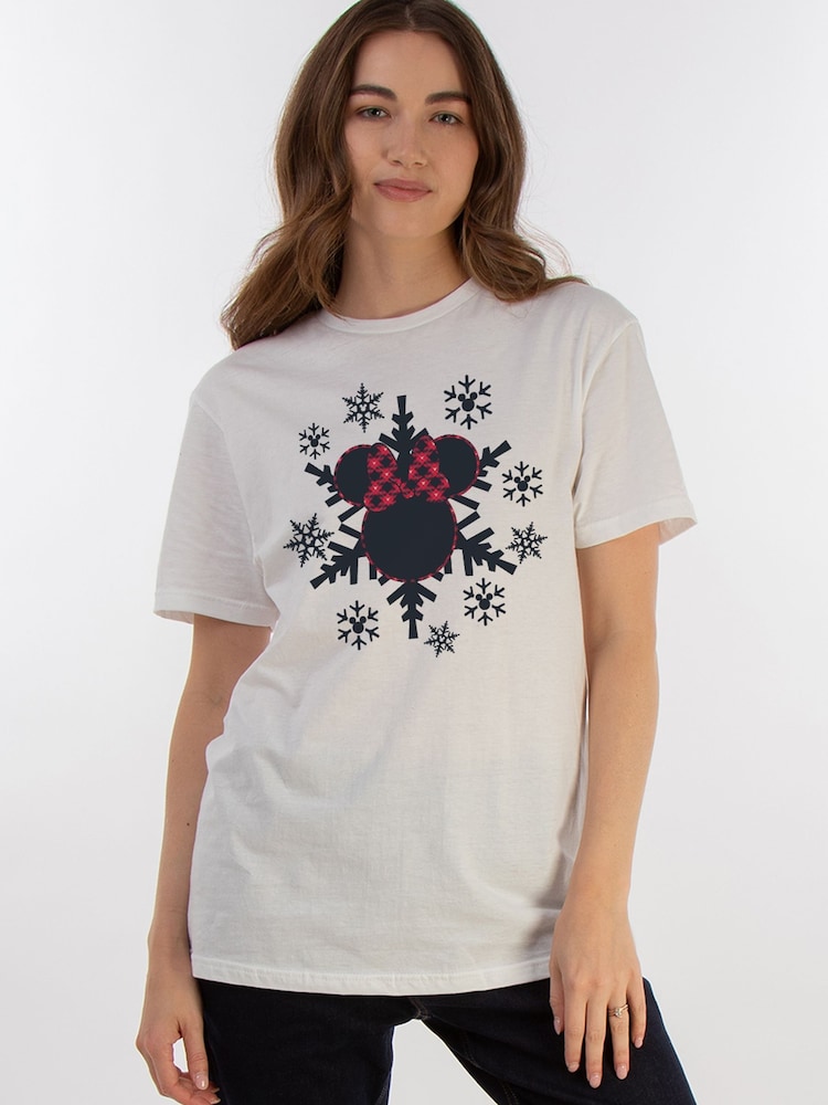 Brands In White Women Boyfriend Fit Disney Minnie Mouse Gingham Snowflake 100% Cotton Christmas T-Shirt - Image 1 of 4