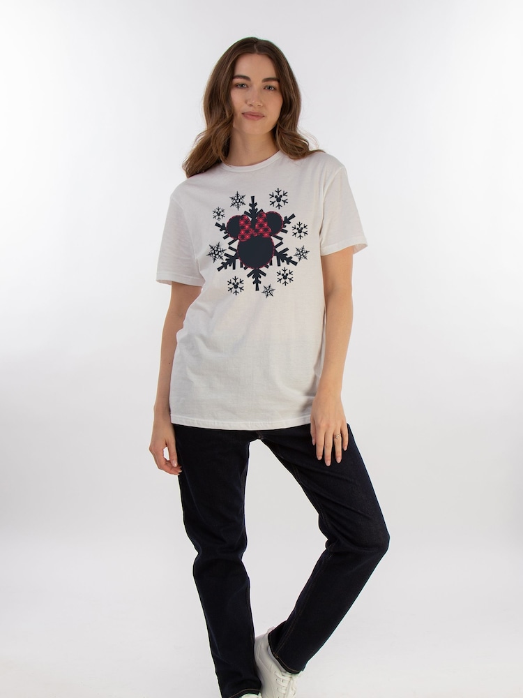 Brands In White Women Boyfriend Fit Disney Minnie Mouse Gingham Snowflake 100% Cotton Christmas T-Shirt - Image 2 of 4
