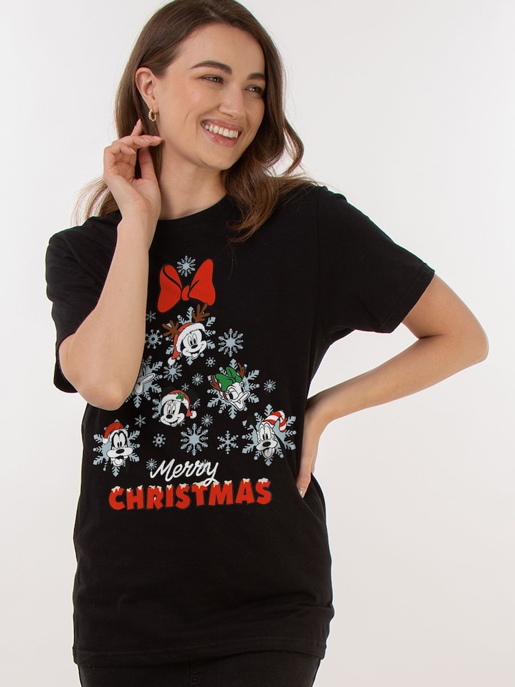 Brands In Black 100% Cotton Boyfriend Fit Disney Mickey & Friends Christmas Tree Womens T-Shirt - Image 1 of 4