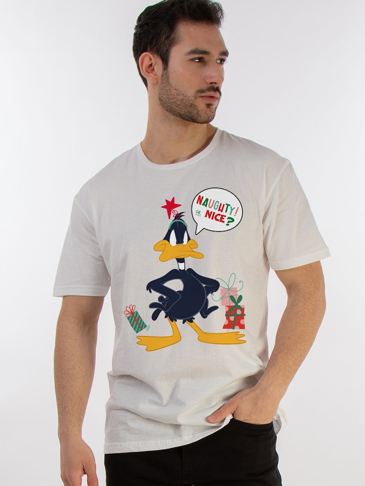 Brands In White Boys Looney Tunes Daffy Duck Naughty Or Nice 100% Cotton Christmas T-Shirt - Image 1 of 4