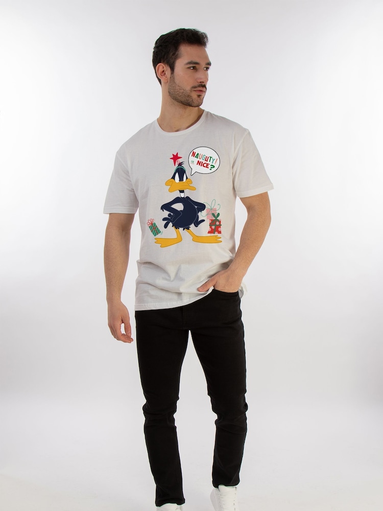 Brands In White Boys Looney Tunes Daffy Duck Naughty Or Nice 100% Cotton Christmas T-Shirt - Image 2 of 4