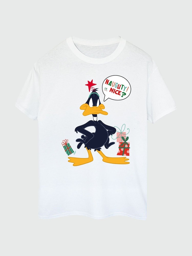 Brands In White Boys Looney Tunes Daffy Duck Naughty Or Nice 100% Cotton Christmas T-Shirt - Image 4 of 4