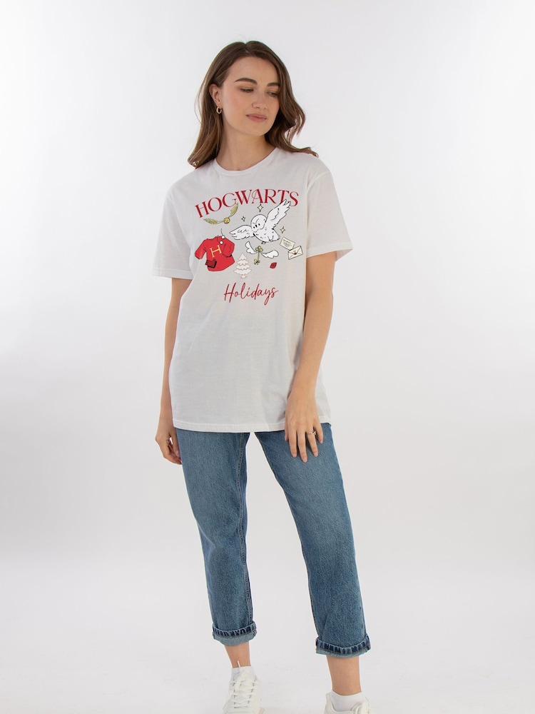 Brands In White Women Boyfriend Fit Harry Potter Hogwarts Christmas 100% Cotton T-Shirt - Image 2 of 4