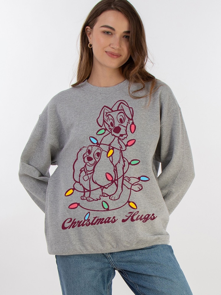 Brands In Grey Women Disney Lady & The Tramp Christmas Hugs Heather Sweatshirt - Image 1 of 4