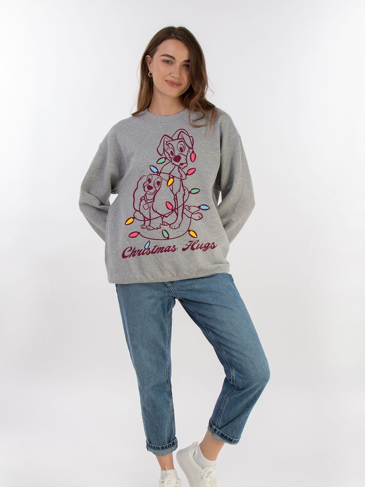 Brands In Grey Women Disney Lady & The Tramp Christmas Hugs Heather Sweatshirt - Image 2 of 4