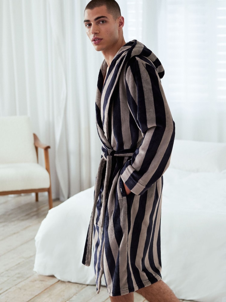 Chelsea Peers Blue Fleece Stripe Dressing Gown - Image 1 of 4