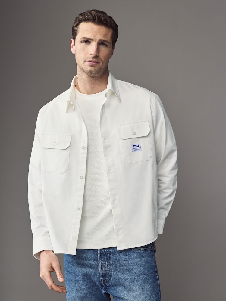 HUGO White Hugo Logo Label Cotton Twill Shirt - Image 1 of 5