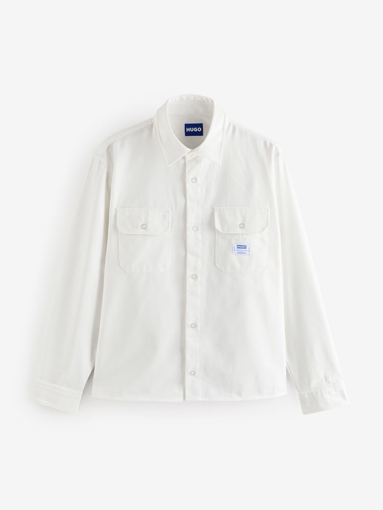 HUGO White Hugo Logo Label Cotton Twill Shirt - Image 5 of 5