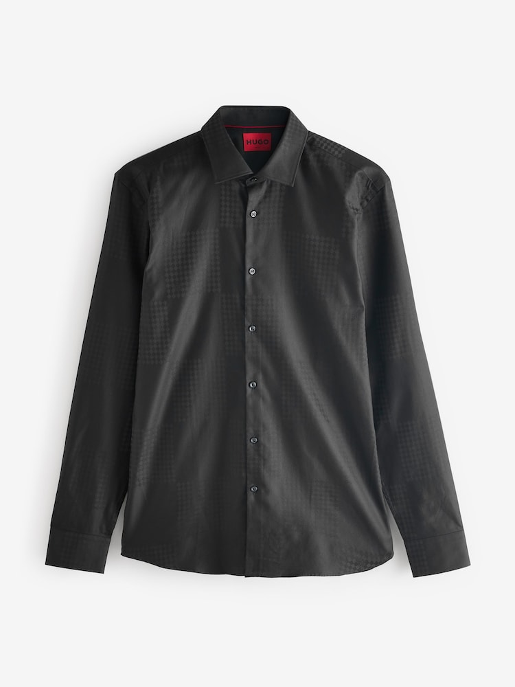 HUGO Black Checkerboard Print Slim Fit Cotton Jacquard Shirt - Image 6 of 6