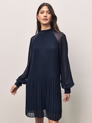 BOSS Blue Plisse Pleated High Neck Sheer Sleeve Dress - Image 1 of 4