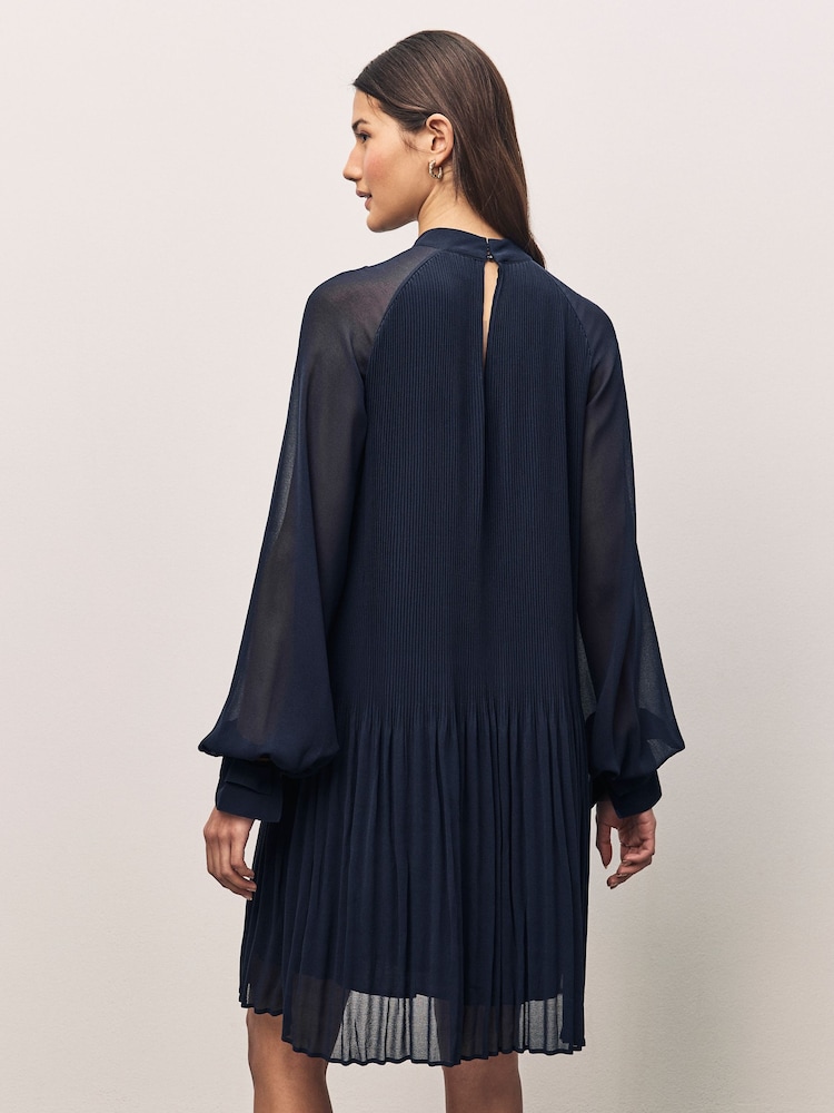 BOSS Blue Plisse Pleated High Neck Sheer Sleeve Dress - Image 2 of 4