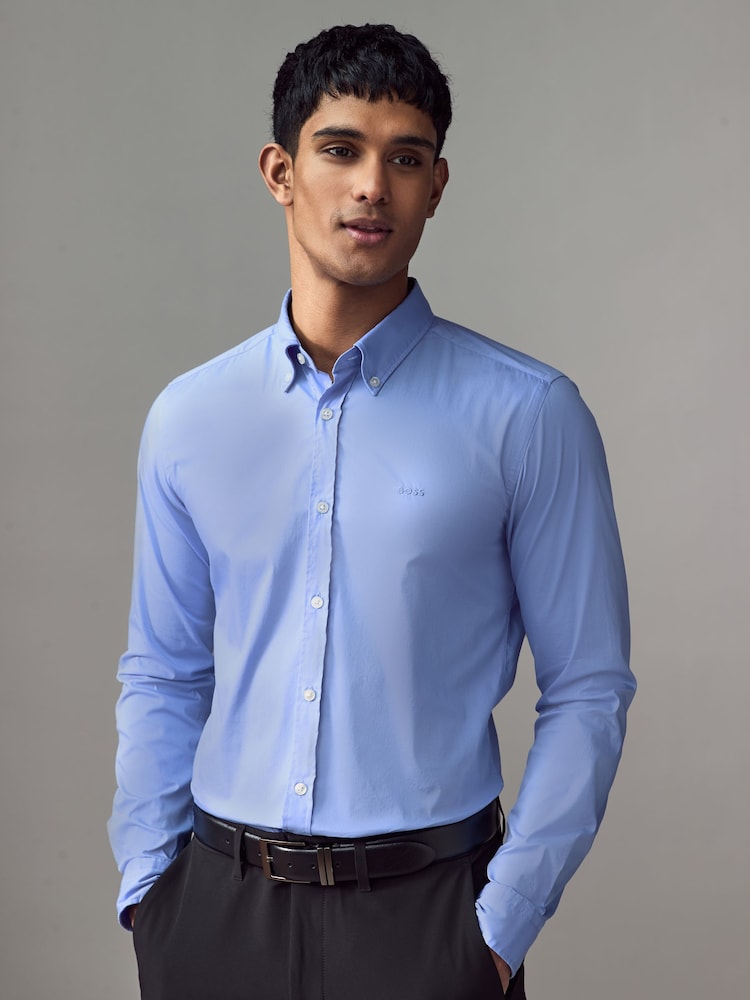 BOSS Blue/white Logo Detail Slim Fit Shirt - Image 1 of 4