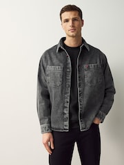 HUGO Grey Patch Pockets Oversized Fit Denim Shirt - Image 1 of 4