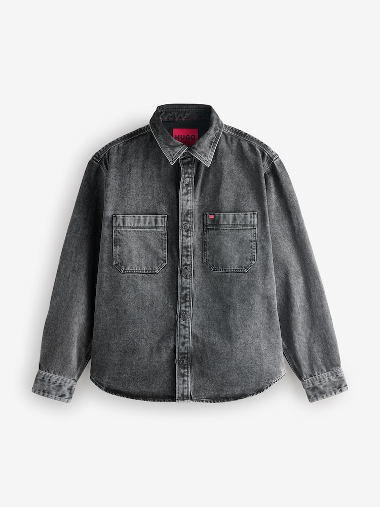 HUGO Grey Patch Pockets Oversized Fit Denim Shirt - Image 1 of 4