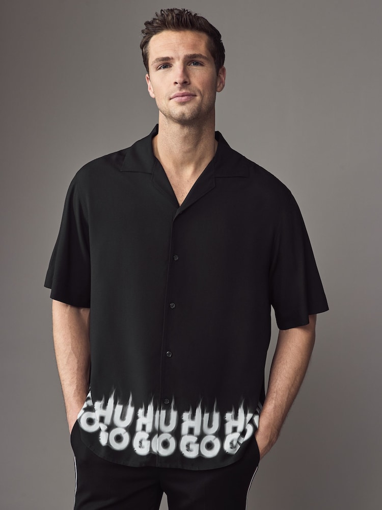 HUGO Black Oversized Fit Shirt With Smoke Logo-Print Hem - Image 1 of 5