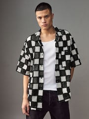HUGO Black Check Print Crochet Oversized Fit Shirt - Image 1 of 5