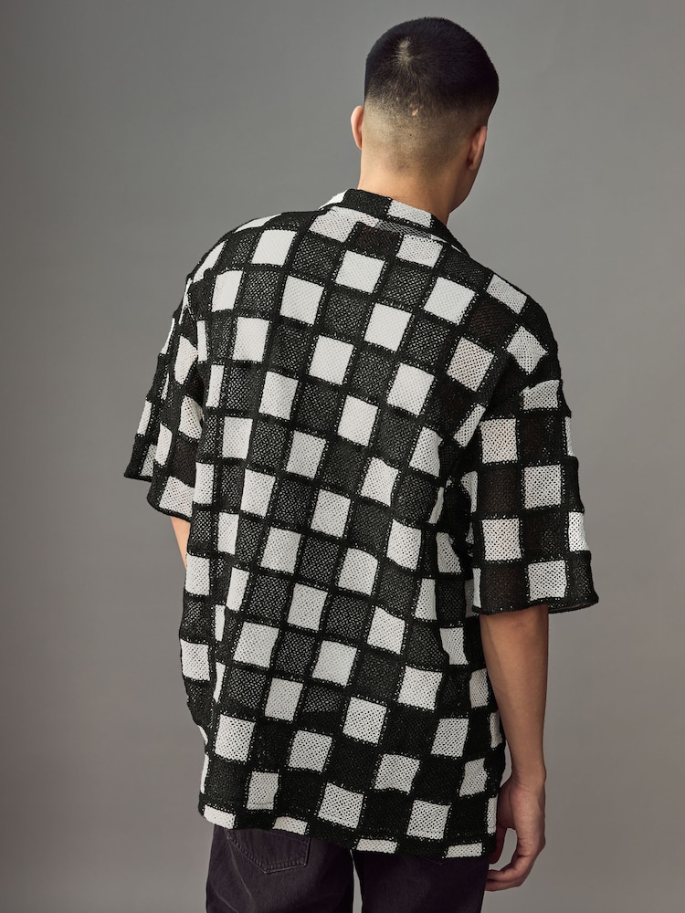 HUGO Black Check Print Crochet Oversized Fit Shirt - Image 2 of 5