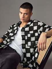 HUGO Black Check Print Crochet Oversized Fit Shirt - Image 3 of 5