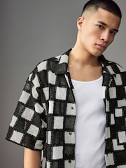 HUGO Black Check Print Crochet Oversized Fit Shirt - Image 4 of 5