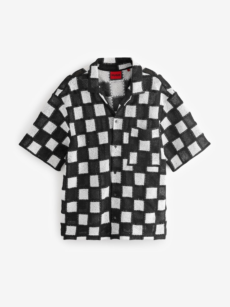 HUGO Black Check Print Crochet Oversized Fit Shirt - Image 5 of 5